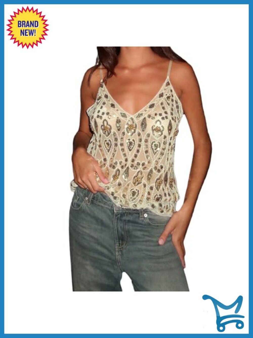Sequin Tank Top Sexy Sleeveless V Neck Sheer Mesh Party Club Rave Outfit